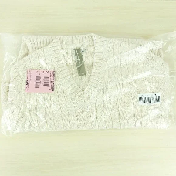 NWT $118 J Crew Heritage Cotton Cable Knit Tennis Stripe V-Neck Sweater in Ivory